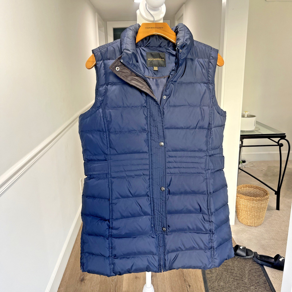 Weatherproof Women M Long Quilted Down Vest Navy Color Pockets Snap Zip Cinch